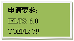 文本框: 申请要求：IELTS: 6.0TOEFL: 79